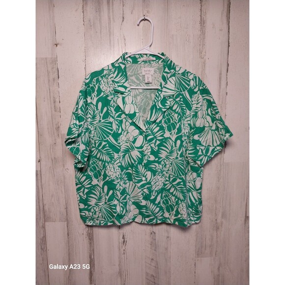 Nicole Miller Linen Top Women's Large Button Up Shirt Short Sleeve Floral Green - Picture 1 of 6